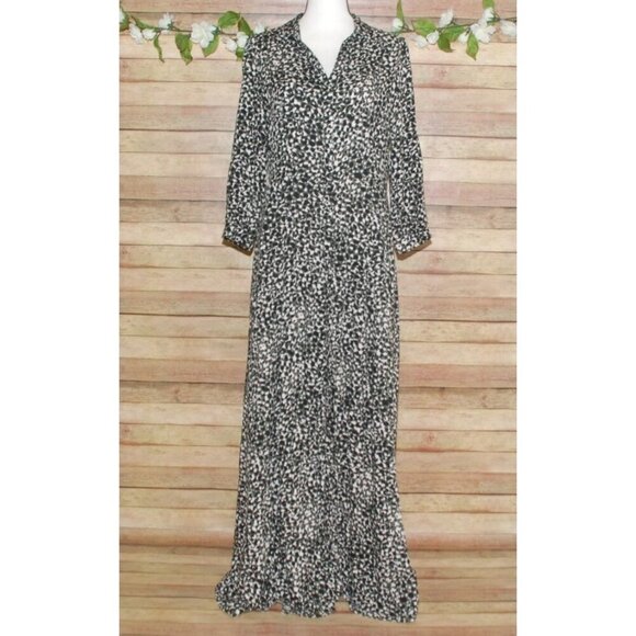 Skies Are Blue Patterned Maxi Dress Button Front Size L 3/4 Sleeve High Slit - Picture 1 of 10